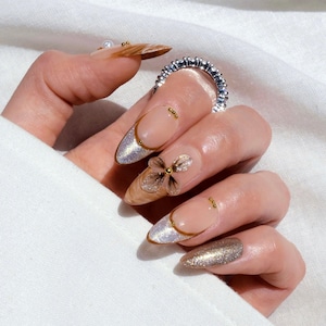 Luxury Gold Press on Nails, Medium Almond Prom Birthday Wedding Nails, Handmade French Tip Gel Nails, Glam Fashion Nails Set, Gift For