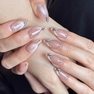 Silver Chrome Press On Nails, Diamond Encrusted Dazzling Nail Set, Cat Eye French Design Almond Nails Set, Long Stiletto Nails for Brid