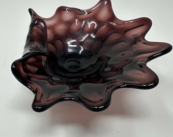 Vintage Amethyst Art Glass Pedestal Bowl — Ruffled Rim Compote, Jewel Tone Purple Centerpiece