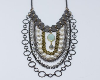 Layered Goddess necklace. Statement editorial look. Blue agate, labradorite and pearls