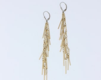 fringe gold earrings, long dangling earrings