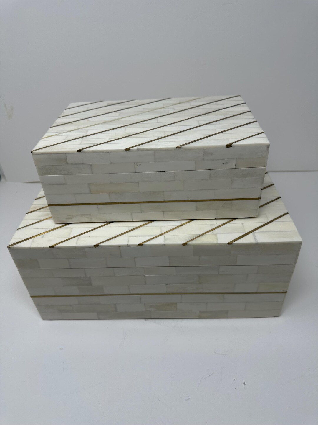 Set of 2 Decorative Bone Inlay Boxes | White & Brass Inlay | Jewelry ...