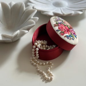 Vintage Hand-Stitched Floral Box | Embroidered Lid | Round Keepsake Trinket Box | Cottagecore Gift Box