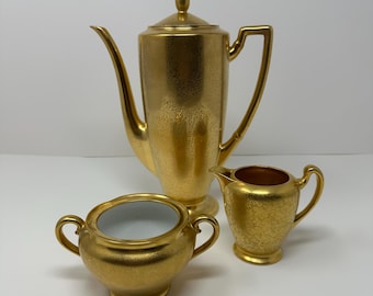Vintage Gold Coffee Tea Set — 3-Piece Porcelain, Mid-Century Hollywood Regency, Bar Cart Entertaining