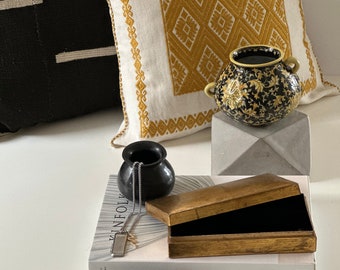 Black and yellow vase, vintage black ceramic vase and vintage gold box styling set for home decor vignette