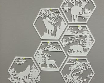 3D Printed Hexagon Nature Silhouette Panels, Forest Animals Geometric Wall Art