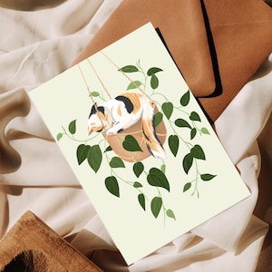 Cartolina con gatto calico – Gatto addormentato in un vaso di fiori – Piante e gatto – Gatto in vaso di fiori – Cartolina con animali in formato A6, mini stampa regalo