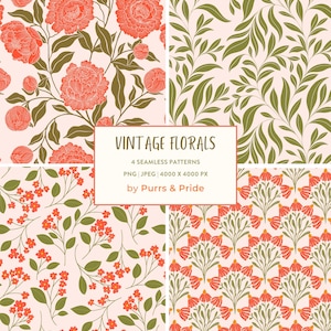 Könnte beinhalten: Vier nahtlose florale Muster im Vintage-Stil. Die Designs zeigen korallenfarbene Blumen und grüne Blätter auf hellrosa Hintergrund. Das Bild enthält den Text "VINTAGE FLORALS" und "by Purrs & Pride".