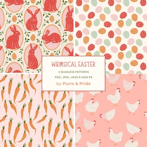 Könnte beinhalten: Vier nahtlose Ostermuster. Eines zeigt rote Hasen in ovalen Rahmen mit Blättern und Eiern. Ein anderes hat bunte gepunktete Eier. Das dritte zeigt orange Karotten, und das letzte weiße Hühner auf rosa Hintergrund. Der Text lautet "WHIMSICAL EASTER".