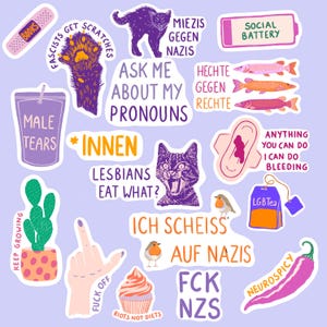 Pu&ograve; includere: Una collezione di adesivi colorati con vari disegni e testo. Gli adesivi includono un gatto, un cactus, un cupcake, una mano con il dito medio alzato e frasi come "Ask Me About My Pronouns" e "Lesbians Eat What?"