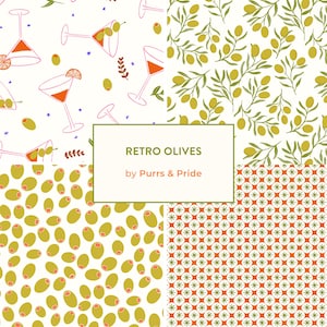Könnte beinhalten: Eine Collage aus vier Mustern mit Retro-Oliven-Thema. Ein Muster zeigt Martinigläser mit Oliven und Orangenscheiben. Weitere Muster umfassen Olivenzweige, verstreute Oliven und ein geometrisches Design mit orangefarbenen und grünen Elementen. Der Text "RETRO OLIVES by Purrs & Pride" ist sichtbar.