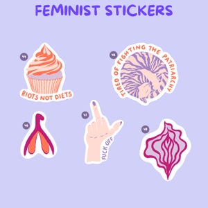 Pu&ograve; includere: Una collezione di adesivi femministi su sfondo viola chiaro. Gli adesivi presentano vari disegni, tra cui un cupcake con la scritta "RIOTS NOT DIETS", una mano che fa il dito medio con "FUCK OFF" e altre illustrazioni grafiche.