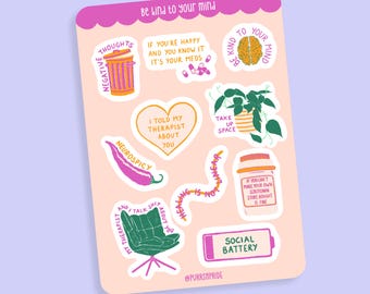 Set di adesivi per la salute mentale | Adesivi ADHD | Adesivi per la terapia | Foglio di adesivi A6 | Adesivi Neurospicy | Adesivi per journaling | Album di ritagli