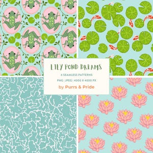 Könnte beinhalten: Vier nahtlose Muster mit einem Seerosenteich-Thema. Ein Muster zeigt grüne Frösche auf rosa Ovalen, ein anderes zeigt Koi-Fische und Seerosenblätter, ein drittes hat ein Wasserwellen-Design und das letzte zeigt rosa Lotusblumen. Der Text "LILY POND DREAMS" ist ebenfalls sichtbar.