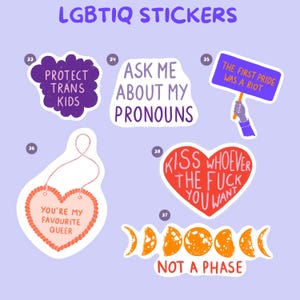 Pu&ograve; includere: Una collezione di adesivi LGBTIQ colorati con vari slogan. I disegni includono "Protect Trans Kids", "Ask Me About My Pronouns" e "The First Pride Was a Riot". Altri adesivi presentano un cuore e le fasi lunari.