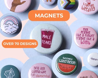 Set di magneti con bottoni LGBTQ | Spille femministe | Magneti per l'orgoglio queer | Femminismo LGBTQ+ Salute mentale | Magneti da frigorifero fatti a mano