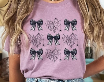 Camisa de Halloween con lazo negro y telaraña, camisa retro de Halloween, camisa de Halloween para mujer, disfraz de Halloween, camisa de temporada espeluznante, regalo de otoño