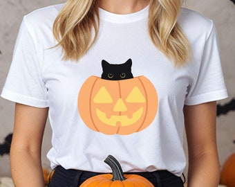 Cute Black Cat Peeking Out Of Pumpkin Halloween Shirt, Cute Fall Tee For Cat Mom, Cat Lover Retro Halloween Gift, Spooky Season Cat Shirt