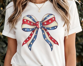 Fourth Of July Coquette Bow Shirt, Cute 4th Of July T-Shirt For Women, Fun Tee For 4th Of July Party, Gift For Her, For The Girls, July 4th