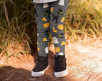 Cute Halloween Kids' Leggings, Cartoon Black Cat and Pumpkin Ghosts Witch Hat and Striped Candy Little Girls' Spooky Season Clothing
