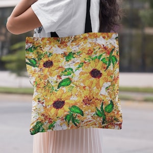 Expressionist Sunflowers Tote Bag, Summer Carryall in Bright Floral Print, Reusable Canvas Shopping Shoulder Bag, Gift for Sister image 1