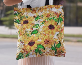 Expressionist Sunflowers Tote Bag, Summer Carryall in Bright Floral Print, Reusable Canvas Shopping Shoulder Bag, Gift for Sister