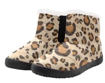 Leopard Print Snow Boots, Slip On Medium Short with Warm Fluffy Lining, Chic Animal Print Winter Footwear Brown Black Tan Colours