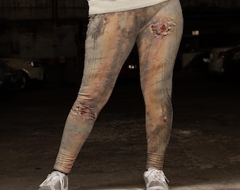 Scary Halloween Leggings, Graphic Ugly Grunge Abstract Zombie Skin Print Workout or Yoga Wear