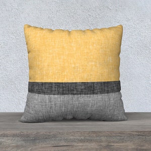 Modern Stripe Throw Pillow Cover Yellow Grey Charcoal Black, Colour Block Crosshatch Print Couch or Chair Cushion Case image 1