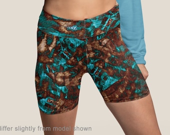 Yoga Shorts Performance Fabric, Modern Grunge Abstract Pattern, Women's Fitted Workout Bottoms, Blue Green Brown Tan Colours