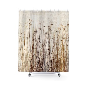 Dried Plants Primitive Gingham Pattern Shower Curtain, Modern Rustic Botanical Nature Country Home Décor, Brown Yellow Beige, Ships from USA