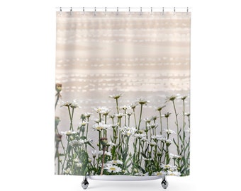 Daisies and Abstract Brush Strokes Shower Curtain, Floral Neutral Bath Decor