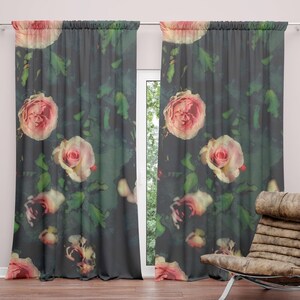 window curtains with big graphic pink roses on forest green watercolour background