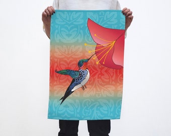 Oversized Tea Towel Hummingbird and Red Flower, Tattoo Style Graphic Mexican Bird Floral, Bright Ombre Sunset Colours Kitchen Dish Towel