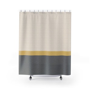 Grey Yellow Tan Shower Curtain in Simple Stripe Colour Block Graphic Abstract Texture Print, Modern Neutral Bath Décor