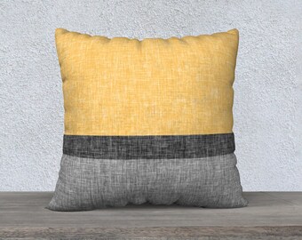 Modern Stripe Throw Pillow Cover Yellow Grey Charcoal Black, Colour Block Crosshatch Print Couch or Chair Cushion Case