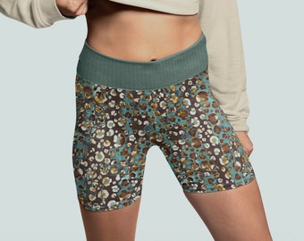 Comfy Yoga Shorts High Wide Waist Band in a Leopard Pattern, Modern Muted Green Blue Brown Cream Animal Print, Fitted Stretchy Active Wear