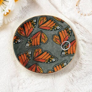 Ceramic Ring Dish, Monarch Butterfly Wings Print, Gold Rimmed Trinket Plate