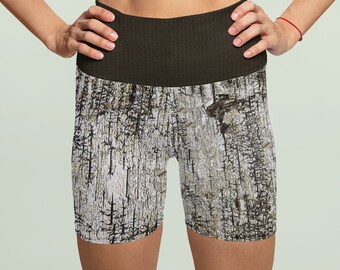 Yoga Shorts in Birch Bark Print, High Waist, Natured Lover Active Wear, Firm Stretchy Bottoms