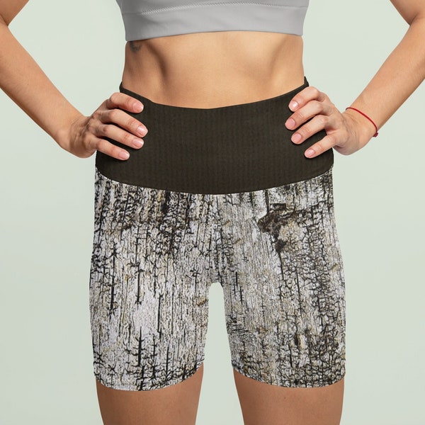 Yoga Shorts in Birch Bark Print, High Waist, Natured Lover Active Wear, Firm Stretchy Bottoms