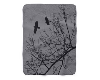 Gothic Crows Trees Sherpa Fleece Blanket, Warm Throw 50"x60" Vertical, Birds Black Grey Home Décor, SHIPS FROM USA!