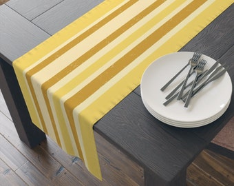 Cotton Twill Table Runner Light and Mustard Yellow Asymmetrical Stripe and Fleck Print, Modern Abstract Dining Table Top Décor