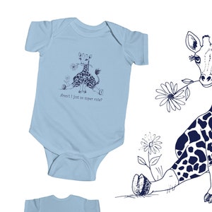 Cute Giraffe Baby Bodysuit, Infant 1 Piece Snap Up with Cartoon Zoo Animal and Flower, Expectant Mother Shower Gift Light Blue