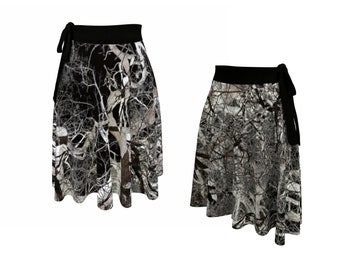 Goth Wrap Skirt in Busy Gnarly Tree Branches Print, Nature Tie Skirt, Short Versatile Asymmetrical Hem Drapey Soft Skirt