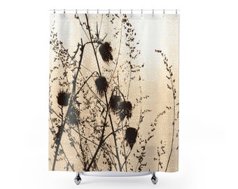 Thistles Fabric Shower Curtain, Brown & Yellow Ombre Botanical Print Bath Decor