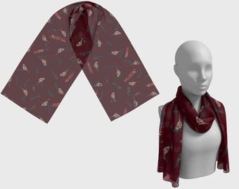 Primitive Birds Leaves Neck Scarf, Light Weight Semi Sheer Women's Wine Red Neck Wrap, Long and Square Size Options in Silk or Polyester