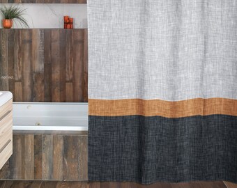 Water Repellent Polyester Shower Curtain 3 Stripe Colour Block Print, Cool Light Dark Grey and Golden Caramel Brown Yellow Colours