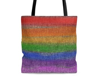 Rainbow Stripe Canvas Tote Bag, Pride Shoulder Carryall Modern Rustic Style, Beach Tote