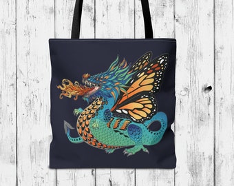 Monarch Dragon Graphic Tote Bag with Dark Blue Background, Strap Colour Options, Durable Polyester Canvas Shoulder Tote 3 Size Choices