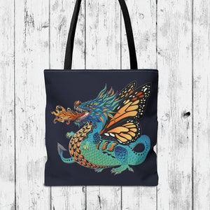 Monarch Dragon Graphic Tote Bag with Dark Blue Background, Strap Colour Options, Durable Polyester Canvas Shoulder Tote 3 Size Choices image 1